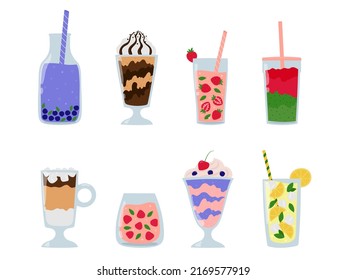 Summer drinks collection. Fruit or berry beverages in glass, bottle or jug. Cartoon juice and lemonade, milkshakes, iced latte. Isolated vector illustration. 