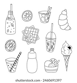 Summer drinks and desserts doodle set. Lemonades, cocktails, water bottle, ice cream, waffles, donuts, croissant, soda. Hand drawn illustration isolated on white background.