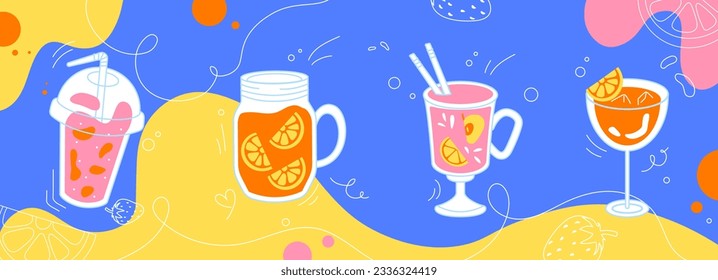 Summer drinks in glasses concept. Cold alcohol for summer season. Fresh cocktails with ice for hot weather. Tasty l iquid and beverage for cafe or restaurant. Cartoon flat vector illustration