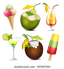 Summer drinks and ice cream on white background