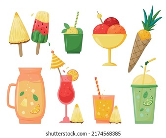 Summer drinks and ice cream. Set of stickers, patches, badges, pins. Bright summertime collection. Scrapbooking elements for beach party, cafe or bar menu. Isolated on white.