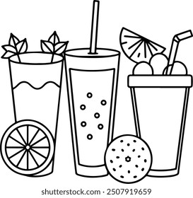  Summer Drinks icon with Fruit and Straws Illustration. Hand Drawn Vector art 