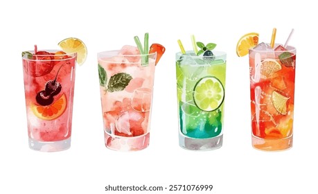 Summer drinks illustration set. Mojito drink cocktail with mint leaves, ice and lime slices in glass. Summer cold drinks: fresh, cold bubble tea, lemonade, mohito, juice coctails in watercolor styel.