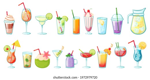 Summer Drinks. Non Alcoholic Tropical Cocktails, Lemonades, Smoothies, Fresh Juices, Water With Ice. Cold Beverages For Summer Party Vector Set. Exotic Isolated Drinks For Refreshment