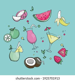 Sommergetränke am Strand mit hellen Früchten. Im Stil von Doodle. Layout, Design, Aufkleber, Muster.