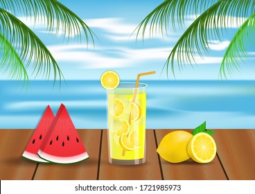 Summer drinks on the table in beach background. Vector illustrations