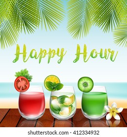 Summer drinks on the table in beach background.vector