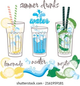 Summer drinks, on white background, mint leaves, ice cubes, lemon, lime, water. Water logo, hand drawn elements, vector illustration. Mojito, Lemonade and water.