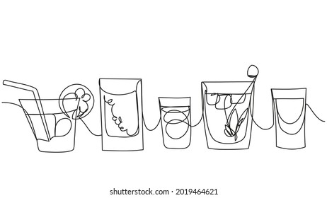 Summer drinks in one line on a white background. Contour of alcoholic cocktails in vector.