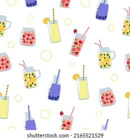 Summer drinks seamless pattern. Juices and lemonades with fruit, berries and leaves on white background.
