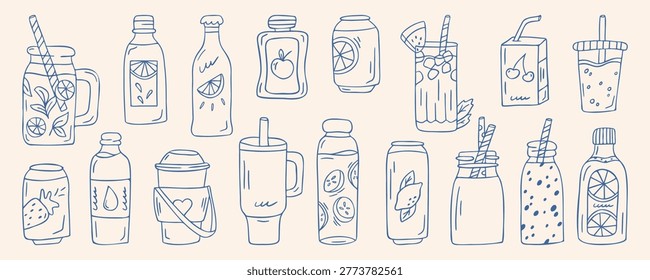 Summer drinks set with fruit juice, lemonade, smoothie, cucumber water, blue outline doodle flat retro style. Hand drawn sketch refreshing beverage collection for cafe design, sticker, on beige