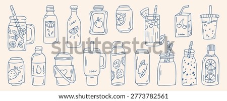 Summer drinks set with fruit juice, lemonade, smoothie, cucumber water, blue outline doodle flat retro style. Hand drawn sketch refreshing beverage collection for cafe design, sticker, on beige