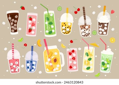 Summer drinks set illustrations. Collection of fresh cocktails, juice, smoothies, bubble tea etc. Vector illustration in flat style