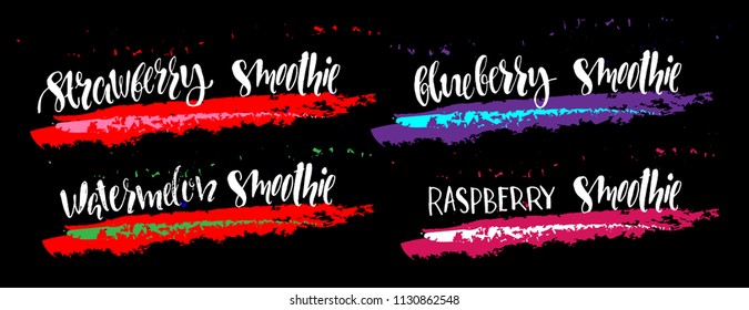 Summer drinks - set of the lettering. Modern calligraphy. Vector illustration on black background as poster, postcard, card, menu, invitation template. Concept summer drinks advertising.