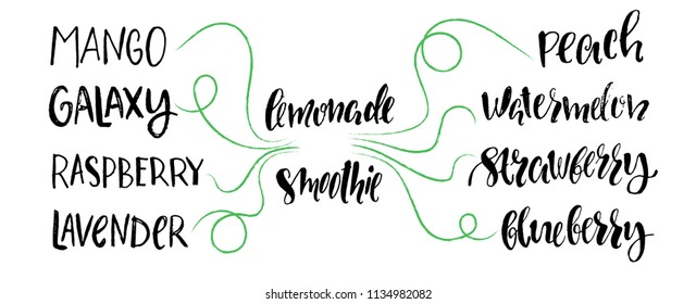 Summer drinks - set of the lettering. Modern calligraphy. Vector illustration on blue background as poster, postcard, card, invitation template. Concept summer advertising.