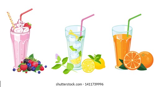 summer drinks set. Milk shake, fresh juice and mojito in glass isolated on white background. Vector illustration in cartoon flat style.