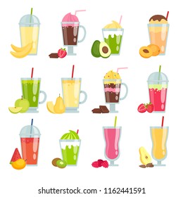 Summer drinks smoothie. Various pictures of fruit juice and smoothie. Vector summer menu fruit cocktail seamless pattern illustration