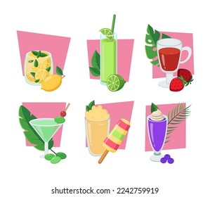 Summer drinks or smoothies vector illustrations set. Cartoon drawings of glasses with cocktails of different fruit and berry flavors isolated on white background. Beverage, summer concept