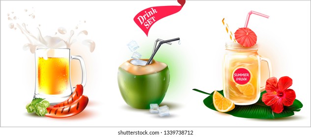 Summer Drinks. Transparent Glass with Beer, Sausages and Hops. Coconut with Cocktail. Lemonade with Drinking Straw on Palm Leaf. Set of three vector images.