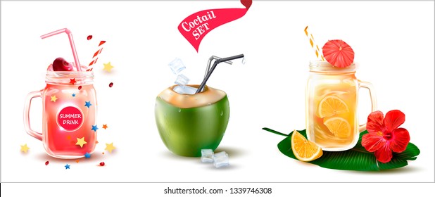 Summer Drinks. Transparent Jar with Cherry Smoothie. Coconut with Cocktail. Lemonade with Drinking Straw on Palm Leaf. Set of three vector images.