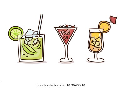 Summer drinks in trendy doodle hand drawn style. Vector illustrations with fresh cocktail drinks