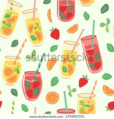 Summer drinks vector seamless pattern. Glasses of strawberry and citrus juice with straws, mint leaves, berries and orange slices on light background. Refreshing lemonade beverages repeat tile design