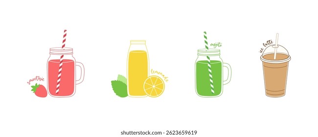 Summer drinks vector set with strawberry smoothie, lemonade, mojito, iced coffee