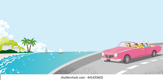 Summer Drive - Pink Convertible, Coastline road