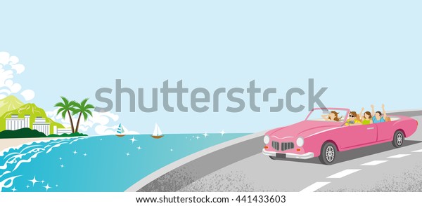 Summer Drive -\
Pink Convertible, Coastline\
road