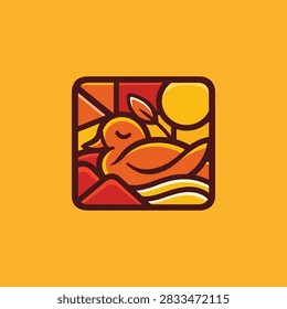 Summer Duck Logo Template. Duck sunset square logo, minimal vector icon for wildlife and nature brand.