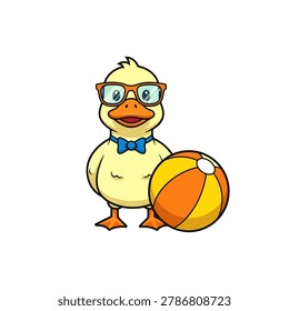 A summer duck on a pure white background. The character has the friendly face and blue orange glasses. The duck is standing next to a large orange and yellow beach ball. Flat vector mascot design.
