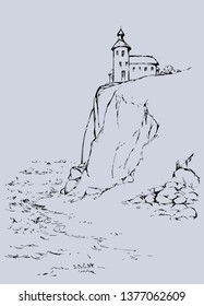 Summer dusk scene. Path to high guide point lamp searchlight for ship on top of steep cape bank. Outline ink hand drawn picture sketch in art retro style pen on paper with space for text on white sky