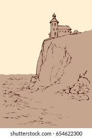Summer dusk scene. Path to high guide point lamp searchlight for ship on top of steep cape bank. Outline ink hand drawn picture sketch in art retro style pen on paper and space for text on evening sky