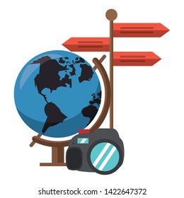 Summer earth globe camera and signpost cartoons vector illustration graphic design