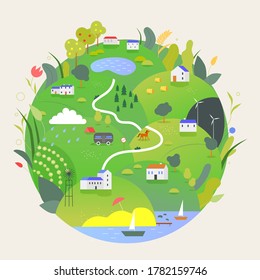 Ilustración vectorial del planeta Tierra de verano. Caricatura globo plano plano verde con paisaje de campo rural sunmertine eco-tierra de cultivo con granja, salvar la ecología de la naturaleza para el futuro, Día Mundial de la Tierra aislado en blanco