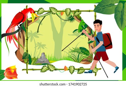 Summer eco travell, walkig man. Jungle, forest, trees and wildlife on background. Banner, site, poster template.  Vector