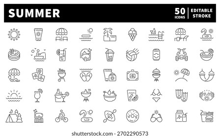 Conjunto de iconos de línea editables de verano. esquema, plano, vacaciones y símbolos de playa