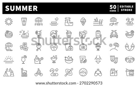 Summer editable line icons set. outline, flat, vacation and beach symbols