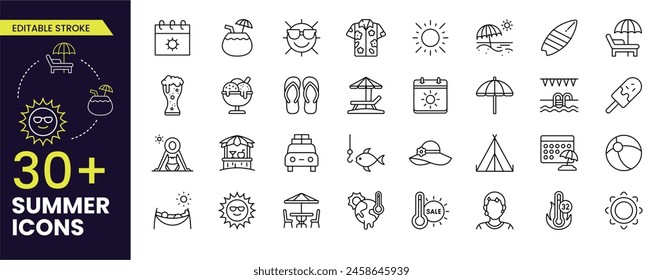 Summer Editable Strokes icons set. Sun, rain, thunder storm, dew, wind, snow cloud, night sky. Editable Outline icon.