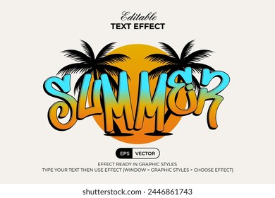 Diseño de logotipo de moda de efecto de texto editable de verano. Efecto De Texto Editable Con Atardecer Y Palma.