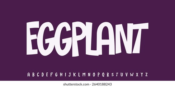 Summer Eggplant berry, joyful lettering, cartoon funny typography. Childish font for friendly logo headline of culinary recipe book, sweets, ice cream title. Food typographic design. Vector typeset.