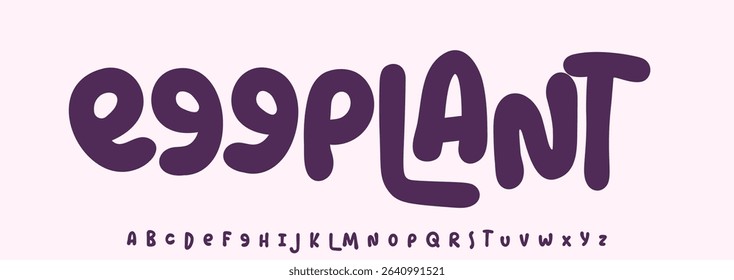 Summer Eggplant vegetable, joyful lettering, cartoon rounded typography. Childish font for friendly logo headline of culinary recipe book, sweets, ice cream. Food typographic design. Vector typeset.