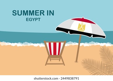 Summer in Egypt, beach chair and umbrella, vacation or holiday in Egypt, vacation concept vector design, summer holiday, sea sand sun, travel and tourism idea