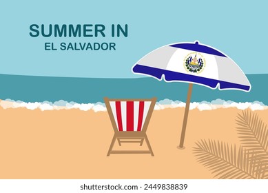 Summer in El Salvador, beach chair and umbrella, vacation or holiday in El Salvador, vacation concept vector design, summer holiday, sea sand sun, travel and tourism idea