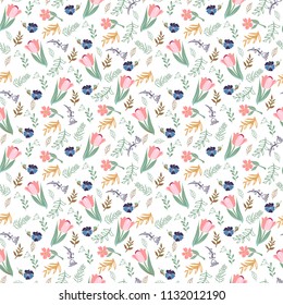 Summer Elegant seamless pattern with tulips and wild flowers, vector illustration