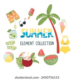 Summer element collection with cartoon cold drinks, watermelon, ice cream, shorts, flip flops, swimsuit, beach ball, palm tree.White background with handwritten.Vector design for use in card,banner.