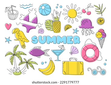 Summer element collection. Set of stickers for social networks. Parrot, pineapple, banana. Rubber ball, life buoy and suitcase. Cartoon flat vector illustrations isolated on white background