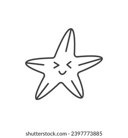 Summer element of set in black line design. Showcasing of the charm of the seaside into summer-themed artwork with a black-outlined sea star. Vector illustration.