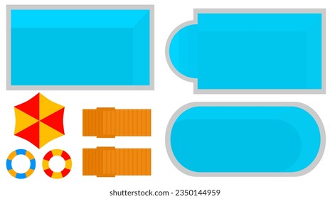 summer element with shaped swimming pool, pool bench, and swimming tires collection
