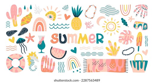 Summer elements with abstract pattern flat icons set. Flowers, bushes and leaves with colorful ornaments. Jellyfish, shell, rainbow, pineapple fruit decorative symbols. Color isolated illustrations